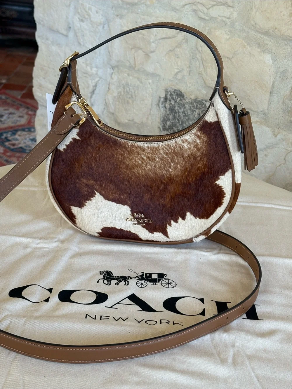Coach Cowhide Calf Hair Shoulder Bag Brown White Leather Crossbody Purse Western